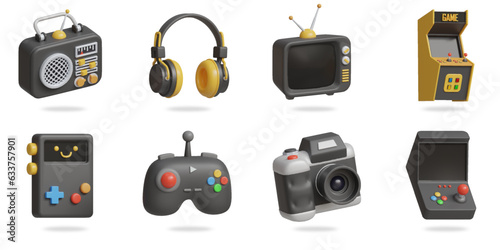 vintage appliances 3D vector icon set
radio,headphones,television,arcade game,gamepad, joystick, and film camera