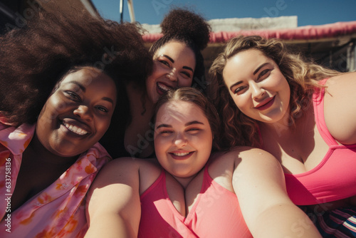 Beautiful smiling chubby girls enjoy friendship, full of confidence because they are in love with their body shape. Smiling plus size models. © Uncanny Valley