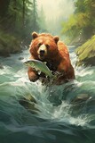 Bear catches salmon in fast-flowing river.