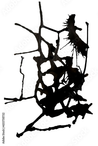 A black complex ink blob with streaks of expressive complex shape. Splashed black paint. Isolated object on a white background. Design element of the design