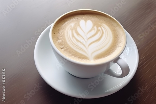 A Cafe latte or cappuccino in a coffee cup art depicting a beautiful design is a lifestyle concept that creates a fantastic atmosphere.