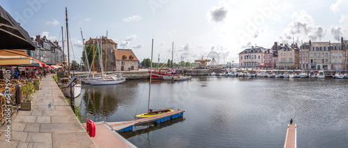Panoramic Port ofHonfleur, France - June 06 2023: Honfleur is a french commune in the Calvados and famous tourist resort in Normandy.