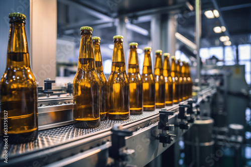 Factory for the production of beer. Brewery conveyor with glass beer drink alcohol bottles, modern production line. Blurred background. Modern production for bottling drinks. Selective focus.