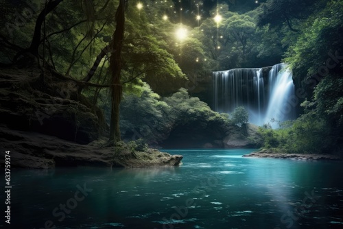 Beauty of a waterfall illuminated by the ethereal glow of the moonlight. Generative AI