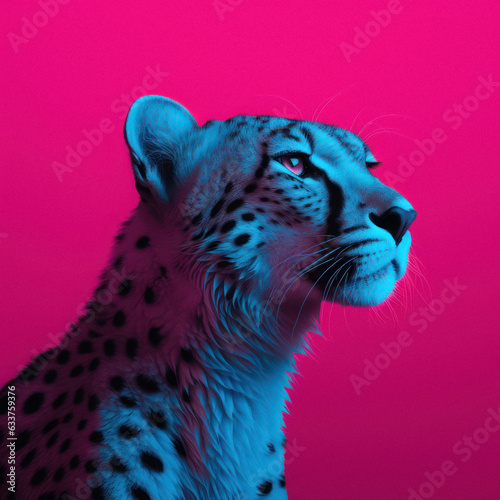 Close-up portrait of a wild animal with blue and pink neon lights. An elegant and dangerous leopard stands in profile.