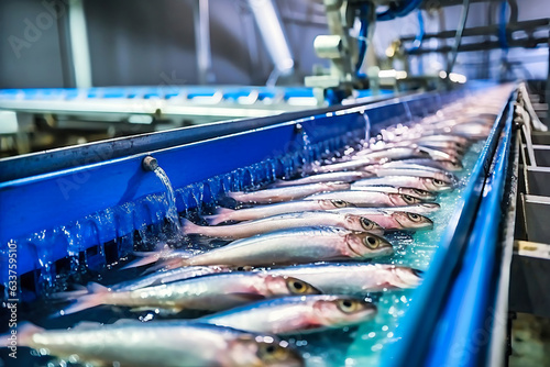 Raw sea fish on a factory conveyor. Production of canned fish. photo