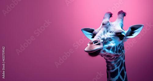 Close-up portrait of a wild animal with blue and pink neon lights. A tall animal with a long neck, a charming giraffe.
