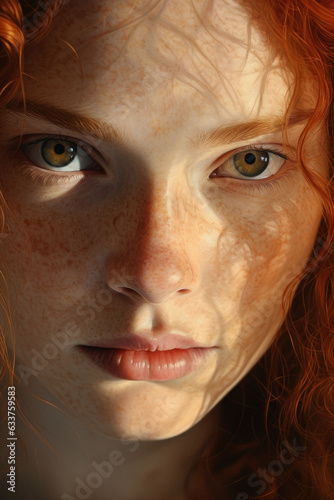 Portrait of a beautiful young girl with light fair skin with freckles and red natural hair. In the sea of same girls, the most beautiful thing is to be different and special.