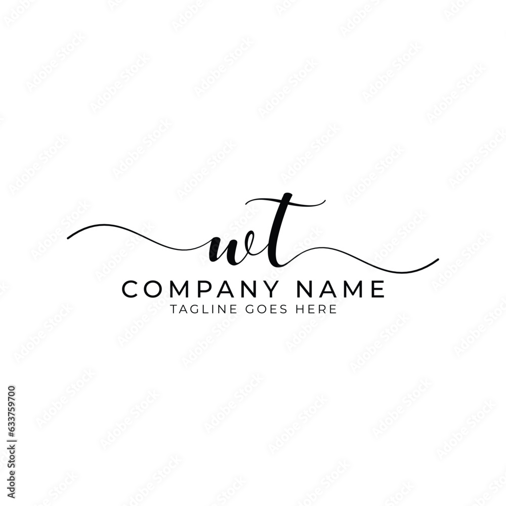 Modern initial letter wt, wt abstract calligraphy design, wt monogram logo, black color on white background