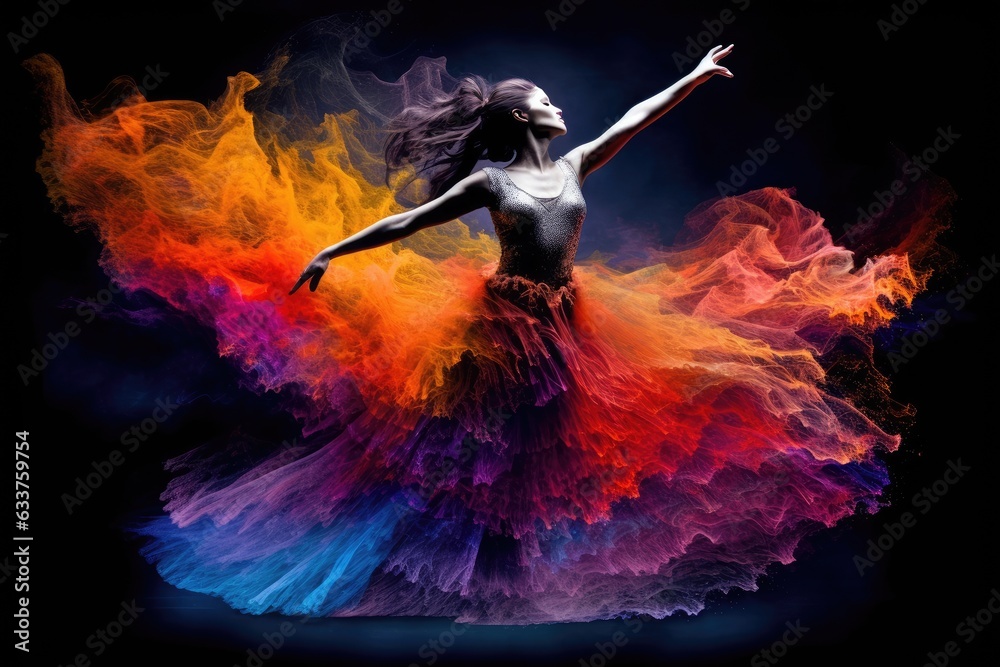 Fototapeta premium Beautiful ballerina dancing in colorful smoke on black background.. Generated AI