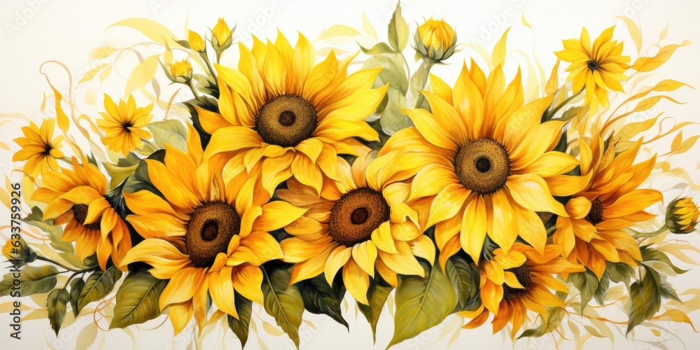 illustration Sunflowers on white background, watercolor technique. Generative AI