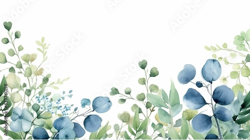Watercolor painted greenery frame template. Bouquet with green, blue branches and leaves. Seamless  photo