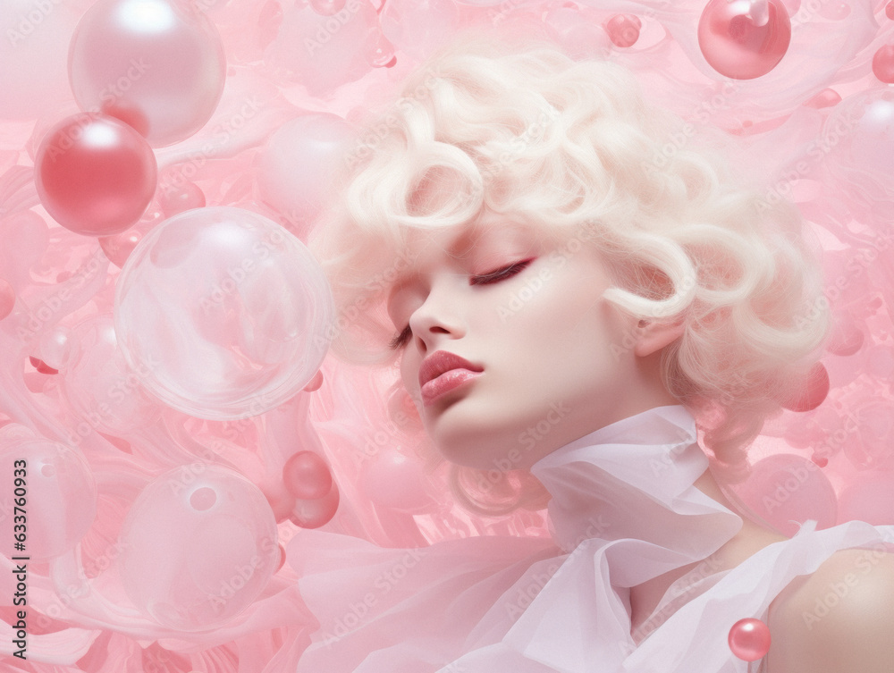 Pastel pink studio concept with balls and soap bubbles surrounding a beautiful young girl with blonde hair. Minimal modern fashion design. Pastel pink studio concept with balls and soap bubbles surrounding a beautiful young girl with blonde hair. Minimal modern fashion design.