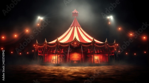 Circus tent with illuminations lights at night. Cirque facade. Festive attraction illustration.