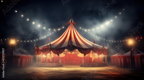 Circus tent with illuminations lights at night. Cirque facade. Festive attraction illustration.