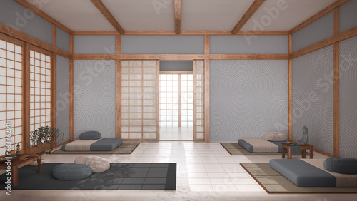 Japandi meditation room in white and gray tones, pillows, tatami mats and paper doors. Wooden beams and resin floor. Minimalist interior design