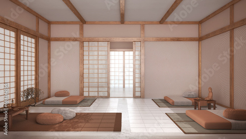 Japandi meditation room in white and orange tones  pillows  tatami mats and paper doors. Wooden beams and resin floor. Minimalist interior design