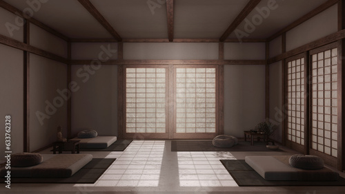 Dark late evening scene, minimal meditation room with pillows, tatami mats and paper doors. Wooden beams and resin floor. Japanese interior design