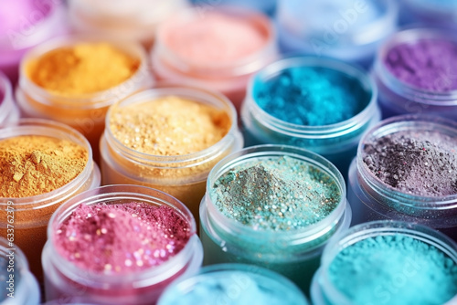 Makeup image of row of colorful powder jars containing dipping powder for nail polish.
