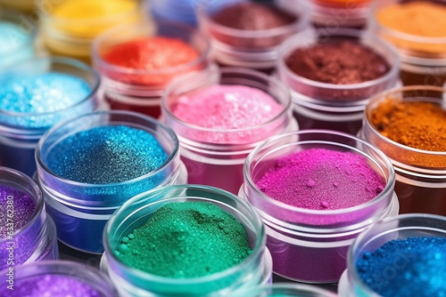 Makeup image of row of colorful powder jars containing dipping powder for nail polish.