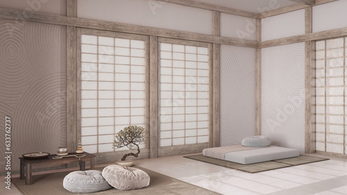 Minimal bleached wooden meditation room in white and beige tones with pillows, tatami mats and paper doors. Carpet, table with Mala and decors. Japanese interior design