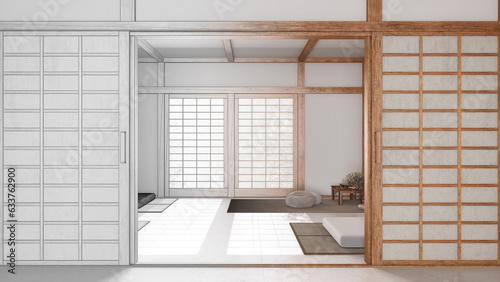 Architect interior designer concept: hand-drawn draft unfinished project that becomes real, minimal meditation room with paper door. Capet, pillows and tatami mats. Japandi style