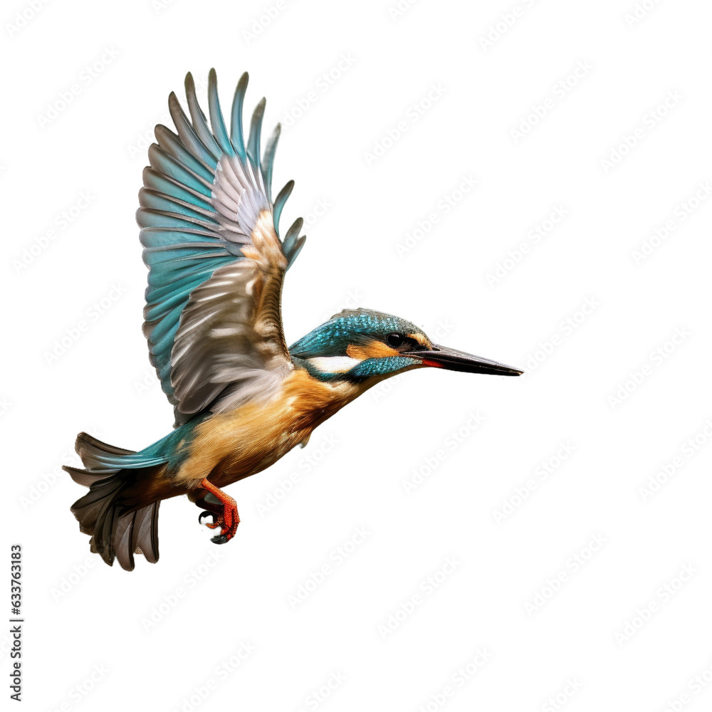 Fototapeta premium Flying jewel Common Kingfisher Alcedo atthis captured in mid air above a river with green bushes as a backdrop