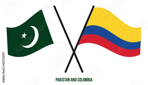 Pakistan and Colombia Flags Crossed And Waving Flat Style. Official Proportion. Correct Colors.