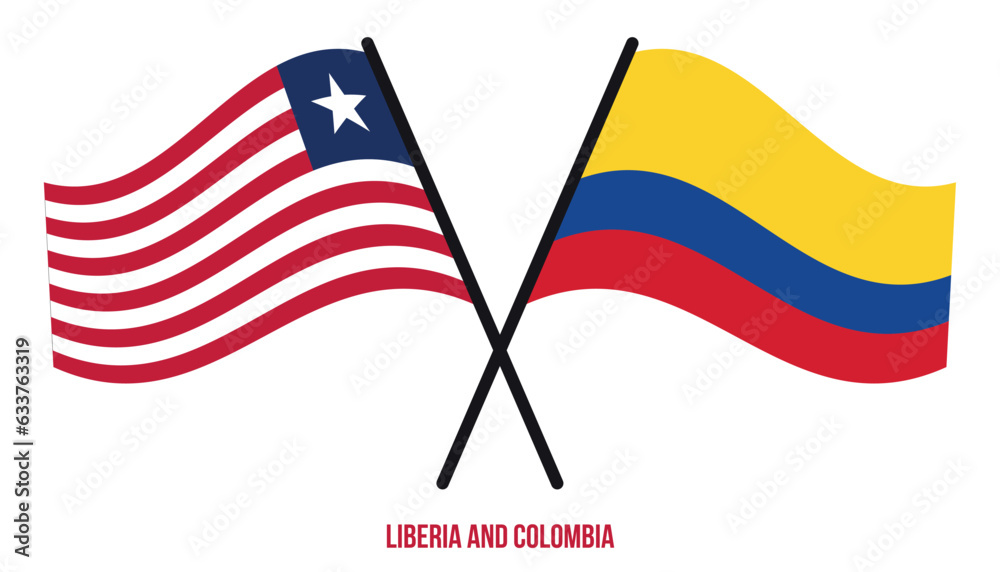 Liberia and Colombia Flags Crossed And Waving Flat Style. Official Proportion. Correct Colors.