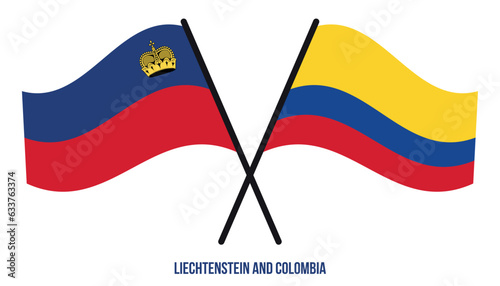 Liechtenstein and Colombia Flags Crossed And Waving Flat Style. Official Proportion. Correct Colors.