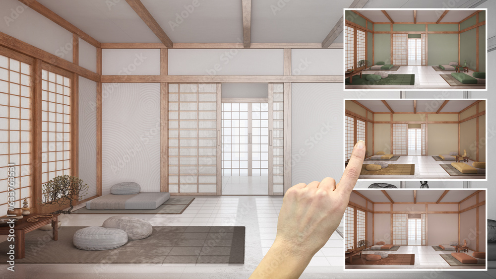 ภาพประกอบสต็อก Architect designer concept, hand showing meditation room ...