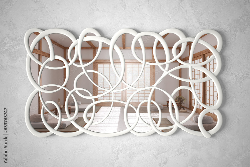 Modern twisted shape mirror hanging on the wall reflecting interior design scene, zen meditation room, minimalist white architecture, architect designer concept idea Modern twisted shape mirror hanging on the wall reflecting interior design scene, zen meditation room, minimalist white architecture, architect designer concept idea