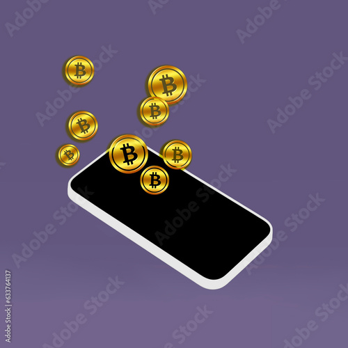 Wallpaper Mural The mobile phone with black screen and symbol digital money Bitcoin coins on a violet color background. Crypto currency. 3d creative trendy collage in magazine style. Contemporary art. Modern design Torontodigital.ca