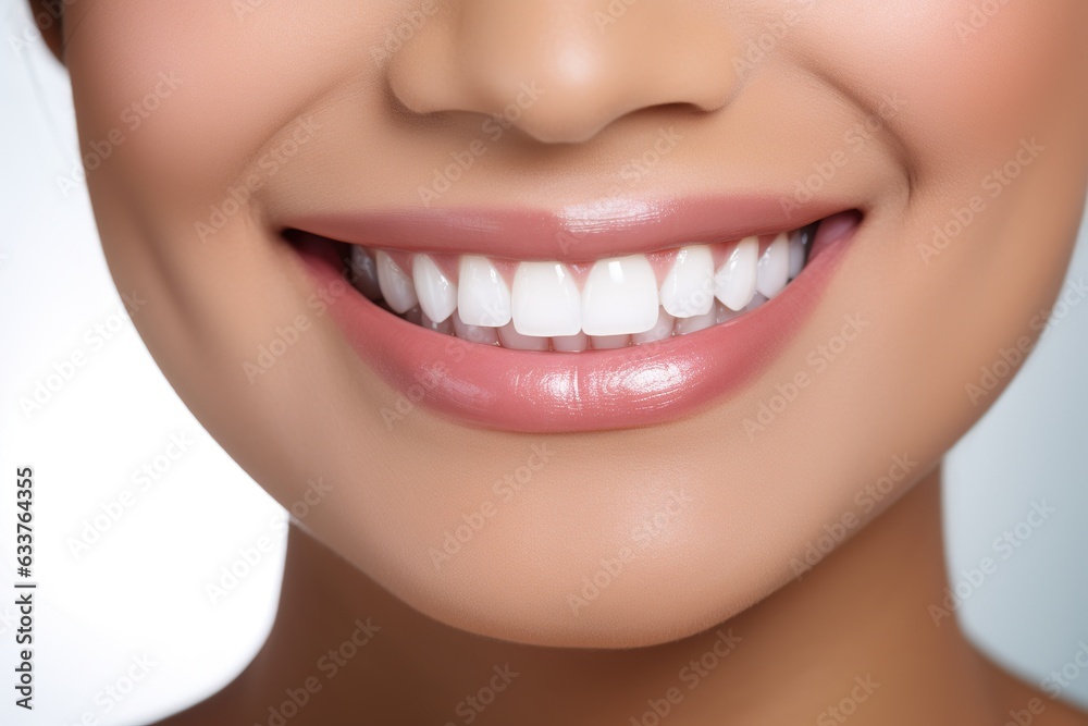 Obraz premium a close up photo of the lower part of a female face. pretty smile with very clean perfect teeth. chin, nose and mouth visible. dental service advertisement. white background