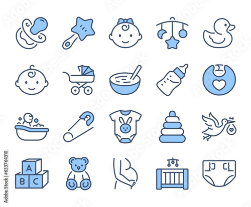 Fotografia Baby care blue editable stroke outline icons set isolated on white background flat vector illustration