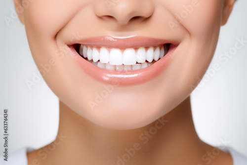 a close up photo of the lower part of a female face. pretty smile with very clean perfect teeth. chin, nose and mouth visible. dental service advertisement. white background