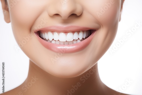 a close up photo of the lower part of a female face. pretty smile with very clean perfect teeth. chin  nose and mouth visible. dental service advertisement. white background