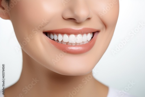 a close up photo of the lower part of a female face. pretty smile with very clean perfect teeth. chin  nose and mouth visible. dental service advertisement. white background