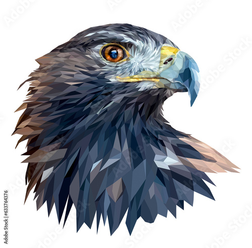 Golden eagle portrait isolated on white background. Berkut turned his head to the side. Low poly graphics. photo