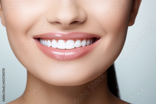 a close up photo of the lower part of a female face. pretty smile with very clean perfect teeth. chin, nose and mouth visible. dental service advertisement. white background