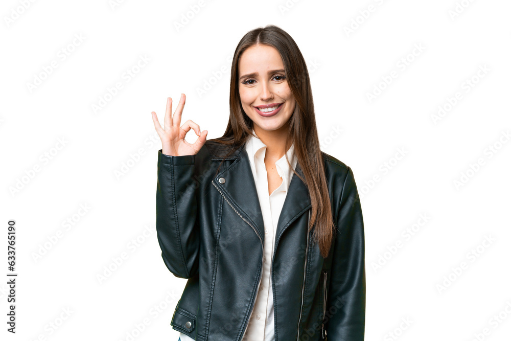 Young beautiful woman over isolated chroma key background showing ok sign with fingers Young beautiful woman over isolated chroma key background showing ok sign with fingers