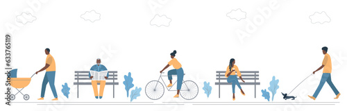 Summer people activities in park. Black men and black women are resting: ride a bicycle, walk with a stroller, read a newspaper, drink coffee, walk a dog. Healthy lifestyle concept. Vector