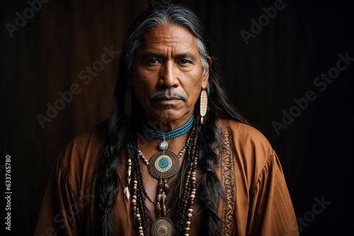 Indigenous native north american man with long hair.
