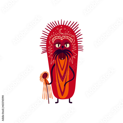 a shaman with a magic staff in his hands and in ethnic clothes. Cartoon illustration