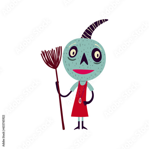 Creepy scary pumpkin with a broomstick, An illustration in a modern childish hand-drawn style