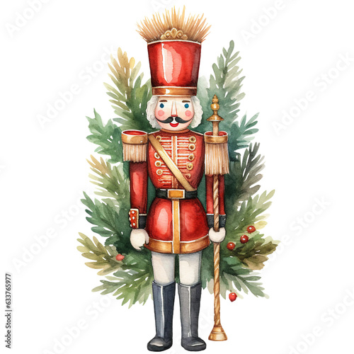 Christmas nutcracker with pine leaves in traditional soldier outfit isolated watercolor clipart photo