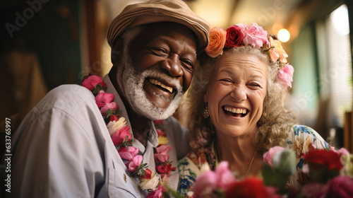 Senior man and woman getting married, senior bride and groom, interracial mature couple