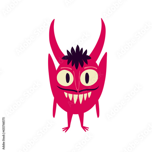 Pink devil demon with a creepy face. Vibrant bright Strange ugly Halloween characters.