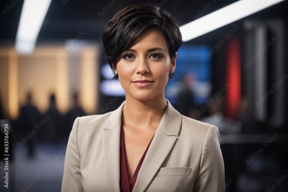 Female tv news presenter live on television. Female tv news presenter live on television.