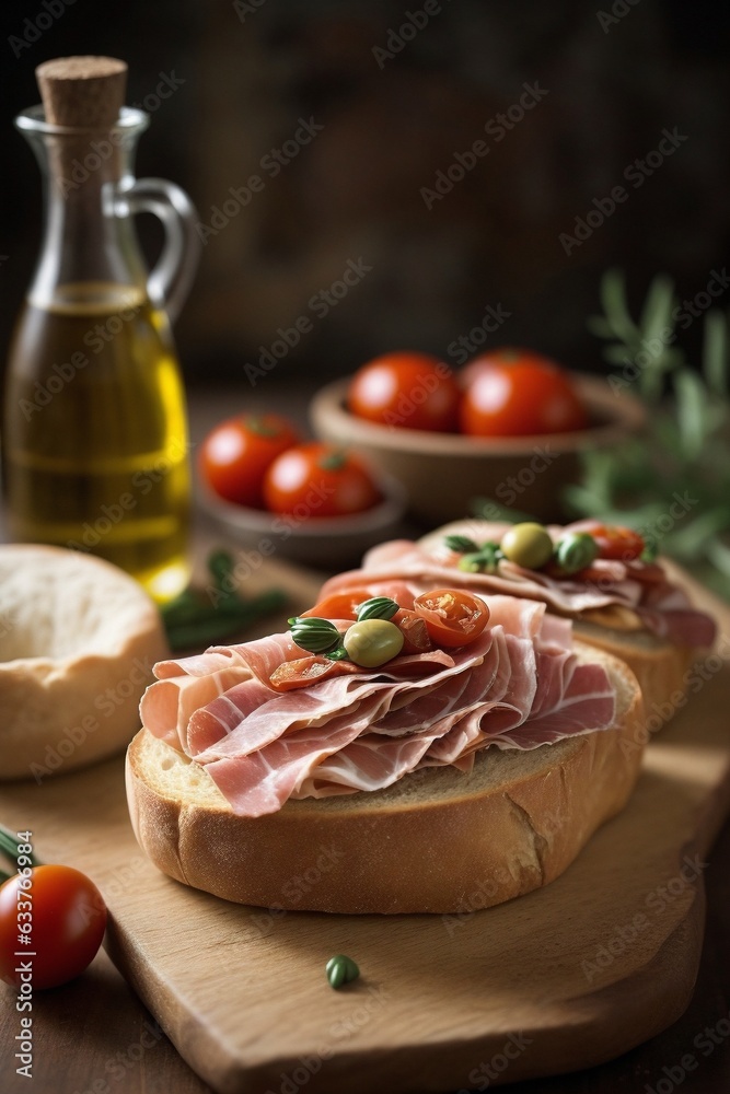 Serrano ham sandwich and  bread with olive oil,cheese, tomatoes. 